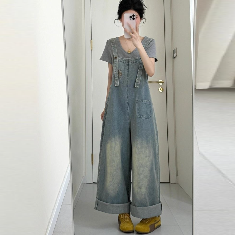 文青復古牛仔背帶褲 春夏逆齡鹽洗工藝牛仔寬褲 偽腰封高腰A字剪裁