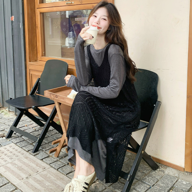 【單件/套裝】氛圍感疊穿鏤空罩衫+慵懶寬鬆連身裙兩件套裝-Cicimode