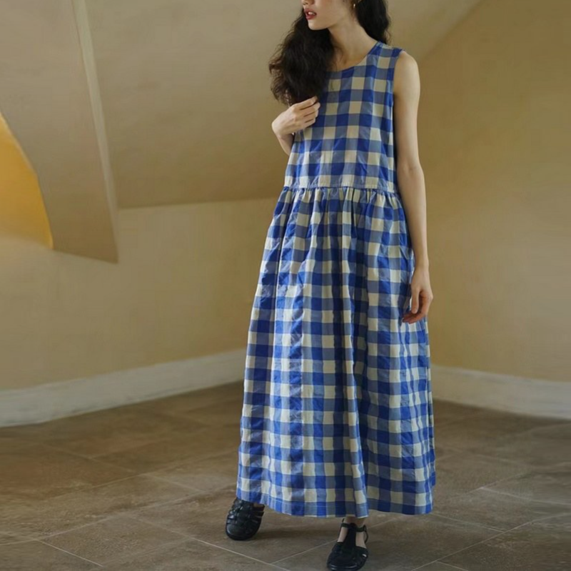 簡約．藍色格子無袖連身裙