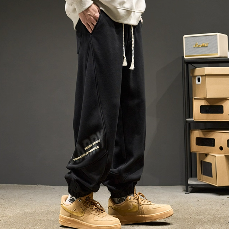 刷毛重磅美式嘻哈字母束腳寬鬆加厚運動褲