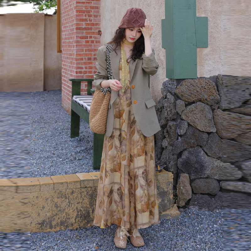 【單品可選】春款韓版氣質獨特 咖色燕麥高級感西裝外套+吊帶連身裙套裝