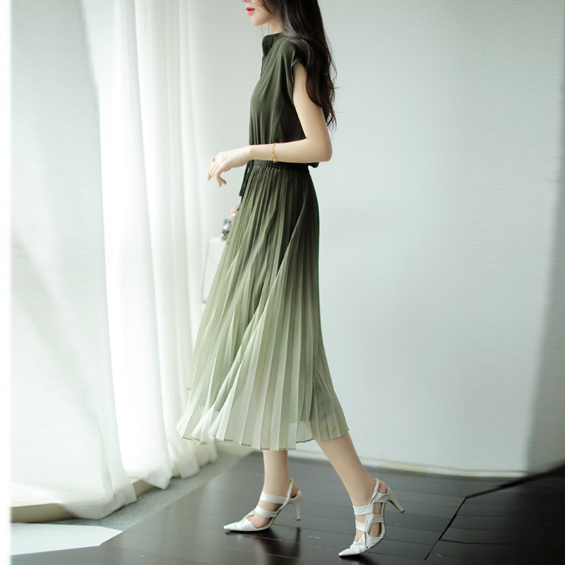 仙氣百褶連身裙洋裝 漸變色立領收腰設計感 百褶雪紡連身裙