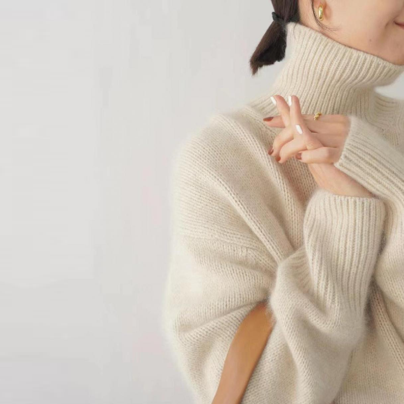 秋冬加厚素色羊毛針織上衣 高領寬鬆慵懶羊毛毛衣