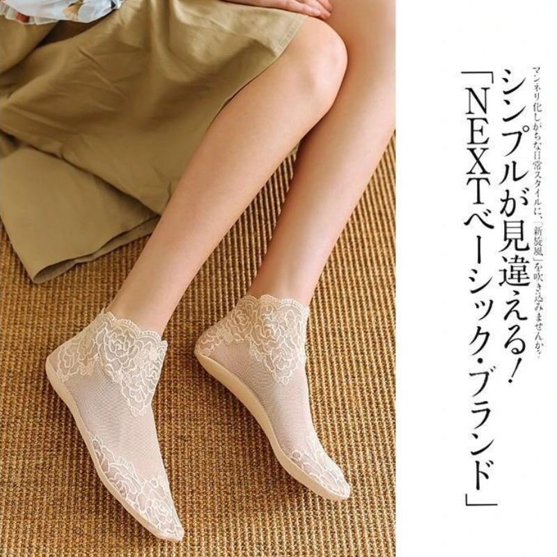 夏季透氣深口蕾絲襪子 隱形吸汗日系花邊短襪網紗透氣 超薄棉底防滑襪 搭配單鞋