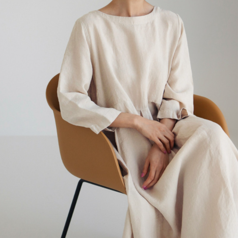 日韓版純色棉麻圓領寬鬆洋裝 寬鬆大碼韓版棉麻風純色過膝長裙大擺裙