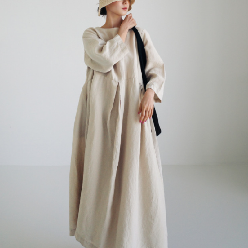 日韓版純色棉麻圓領寬鬆洋裝 寬鬆大碼韓版棉麻風純色過膝長裙大擺裙