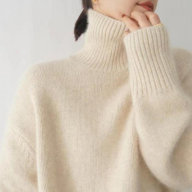 秋冬加厚素色羊毛針織上衣 高領寬鬆慵懶羊毛毛衣