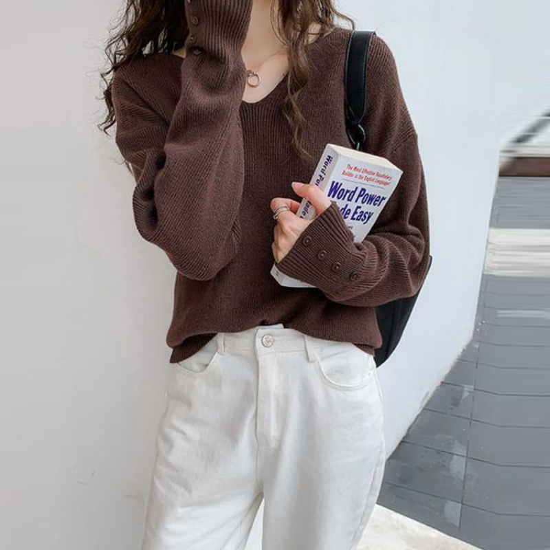 慵懶風 V 領針織上衣 寬鬆剪裁 秋冬百搭款