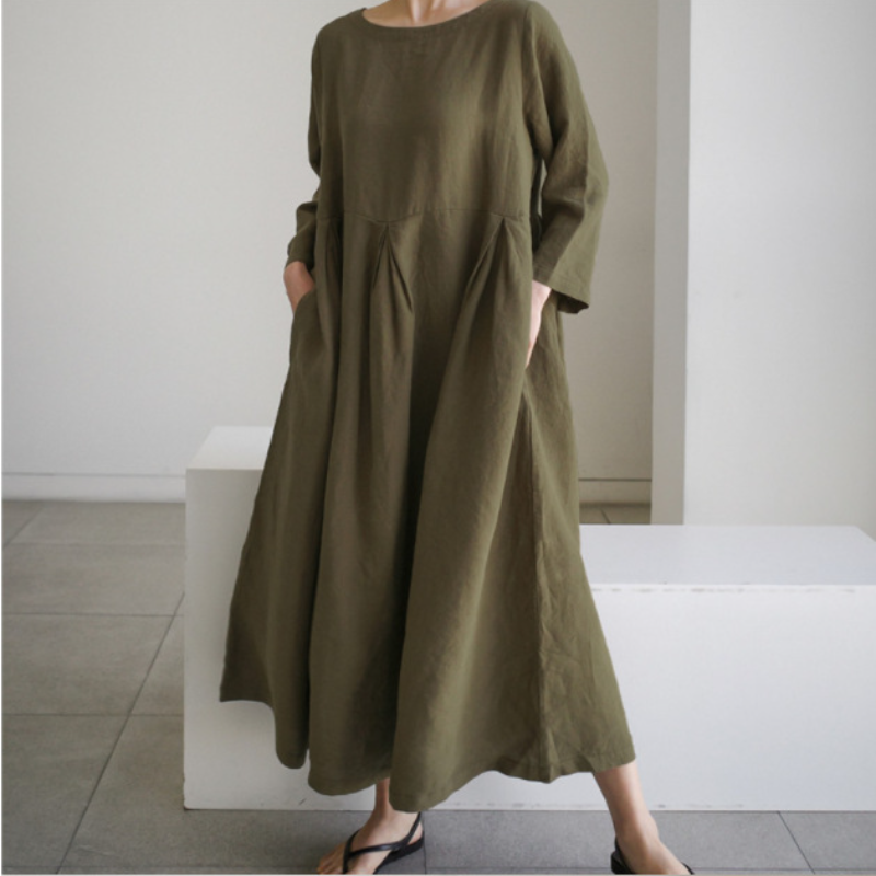 日韓版純色棉麻圓領寬鬆洋裝 寬鬆大碼韓版棉麻風純色過膝長裙大擺裙
