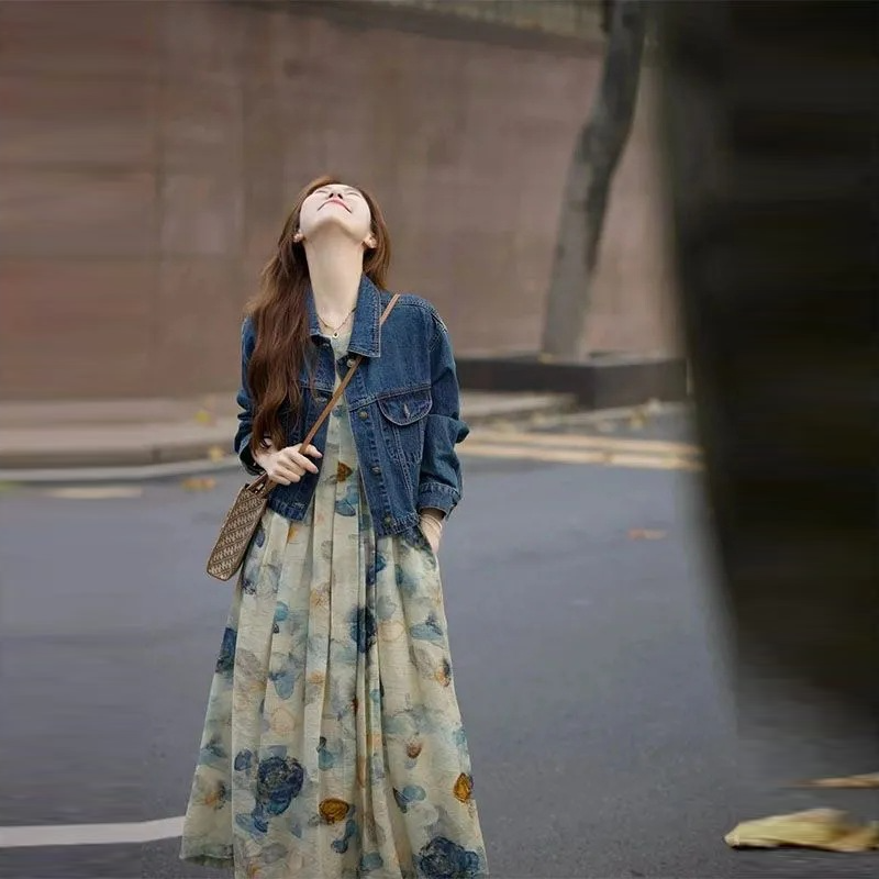 【單品可選】韓系溫柔穿搭 丹寧牛仔外套+復古印花背心洋裝兩件套組