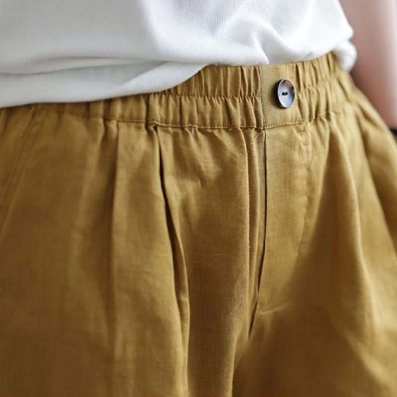 復古文藝中大尺寸棉麻高腰休閒寬鬆五分短褲