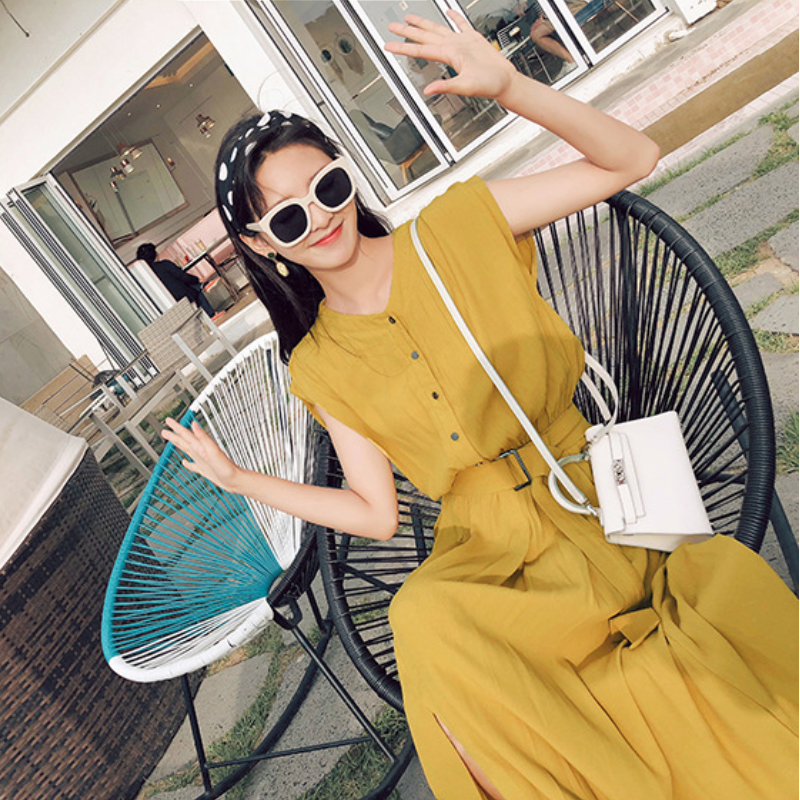 韓系優雅 OL穿搭 素面 短袖 高腰 Ａ字裙 壓褶 休閒長洋裝