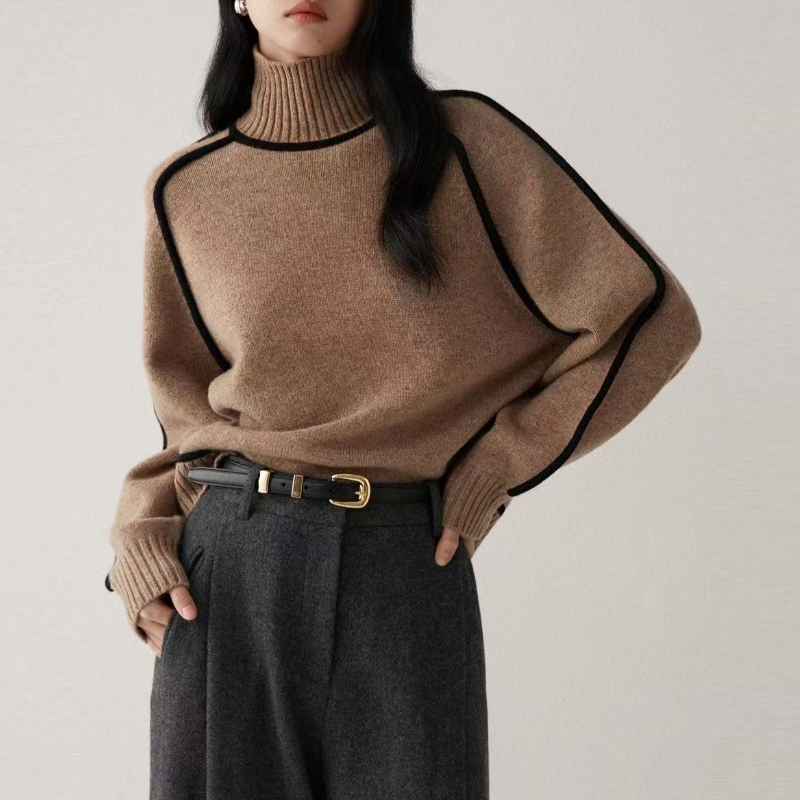 高領插肩針織毛衣 法式感燈籠袖 滾邊設計 寬鬆版型