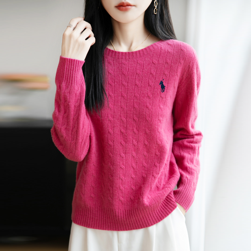 麻花圓領針織上衣 無縫一體 成型舒適 長袖寬鬆 秋冬內搭