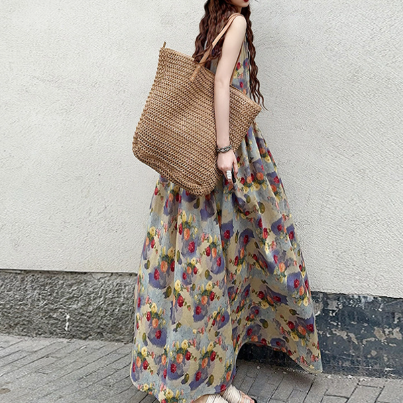 油畫風復古休閒印花韓版A字無袖長洋裝