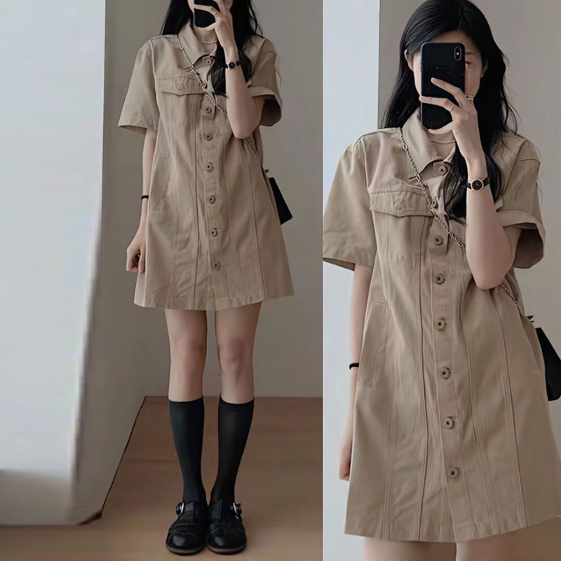 韓系·時尚休閒單排扣polo領工裝裙短洋裝