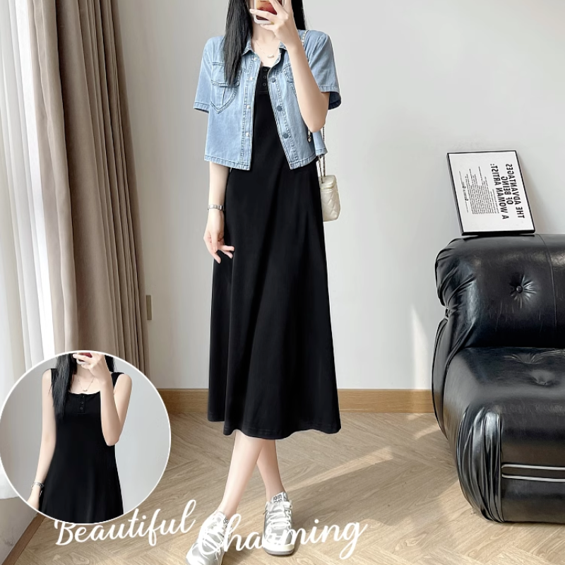 【單品可選】韓版時尚簡約牛仔短袖上衣外套+背心長款連身裙洋裝套裝