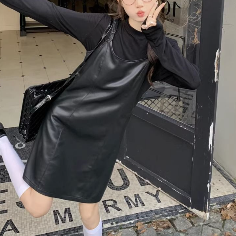 【整套】韓版秋季氣質皮質細肩短洋+高級感顯瘦薄上衣套裝*2色