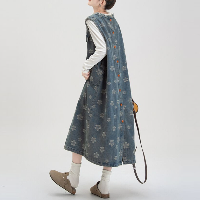 藍色丹寧碎花長版洋裝 韓系高質感 無袖背釦設計