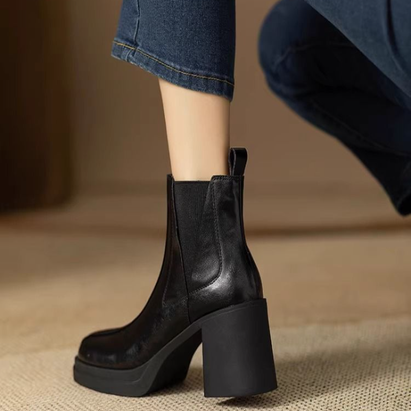 溫柔好感 素面 爆款 V口 粗高跟 切爾西 厚底 馬丁靴 短靴