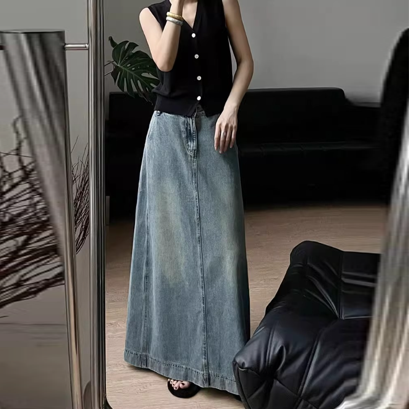 韓系 ‧ 復古開衩A字牛仔裙復古藍牛仔 顯瘦包臀高腰開叉長裙