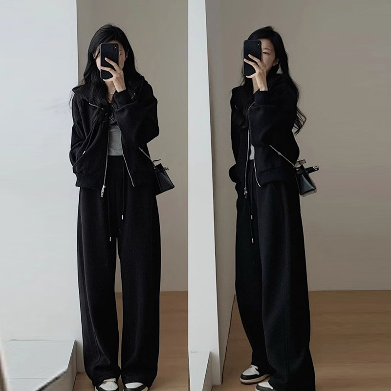 韓系·運動休閒套裝-連帽外套 鬆緊腰寬褲兩件組 簡約高級感穿搭