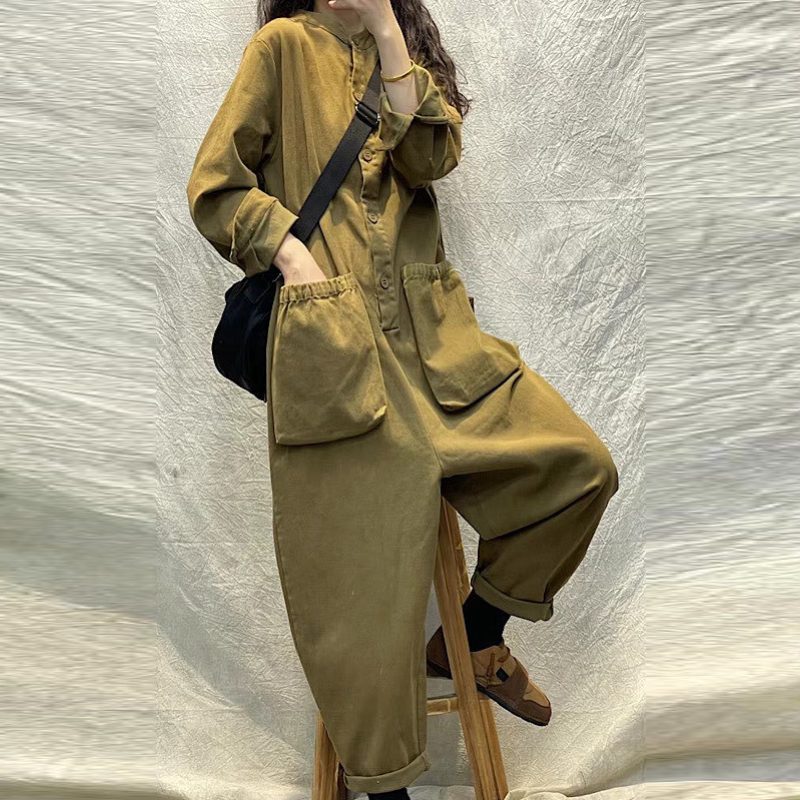 韓系大口袋胸前扣工裝褲-時尚百搭連身褲長褲 個性休閒必備