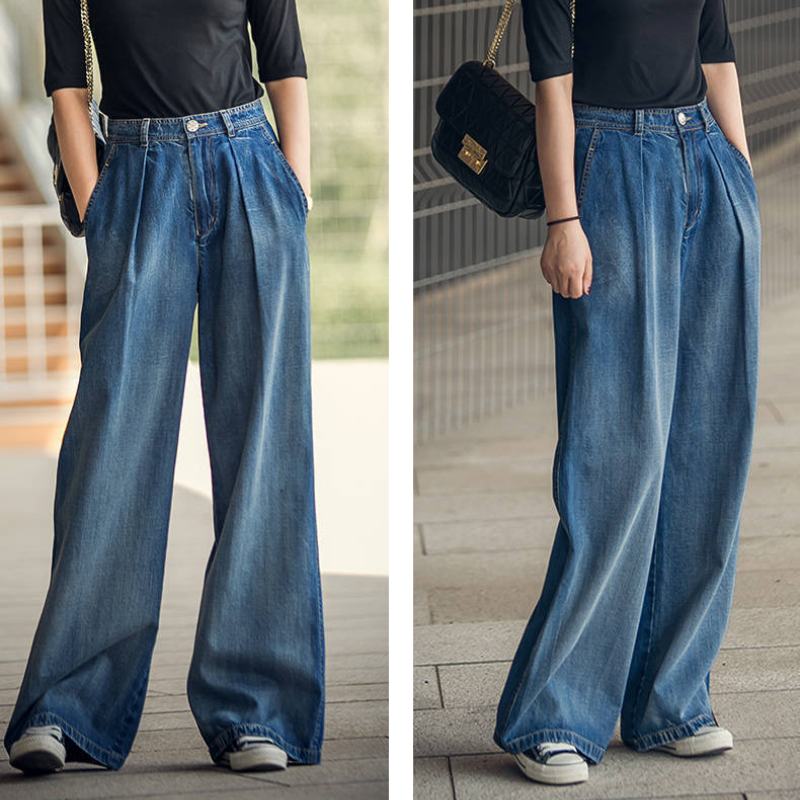 韓系．拖地牛仔褲 懷舊牛仔褲 復古新款高腰顯瘦寬寬鬆拖地牛仔長褲