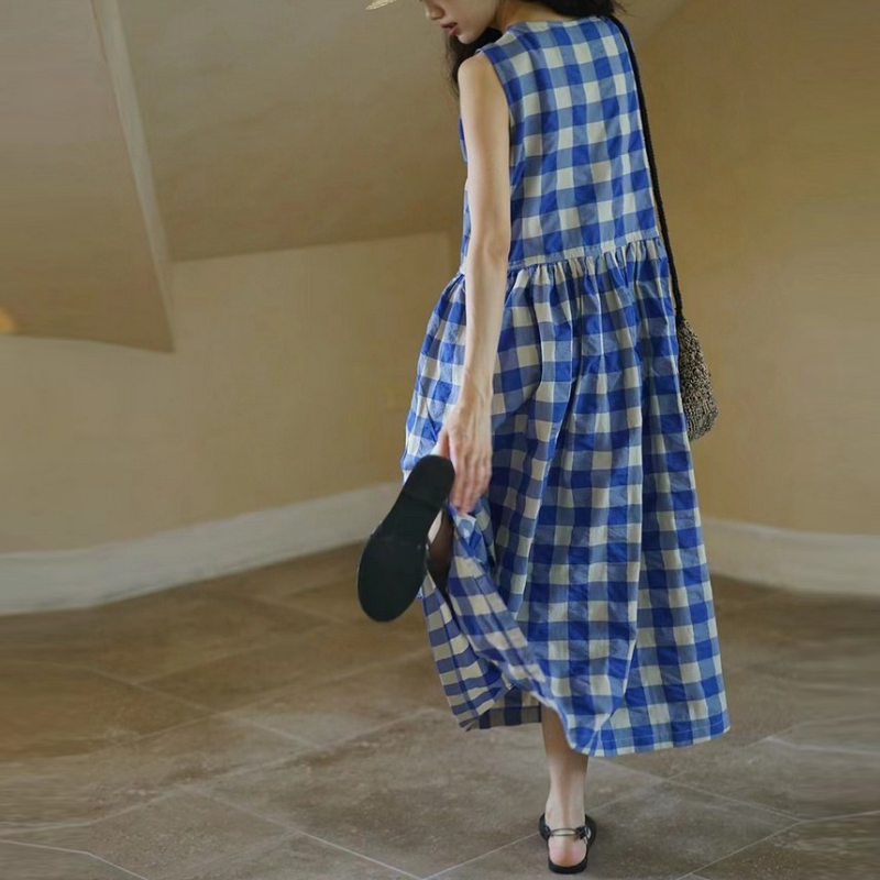 簡約．藍色格子無袖連身裙