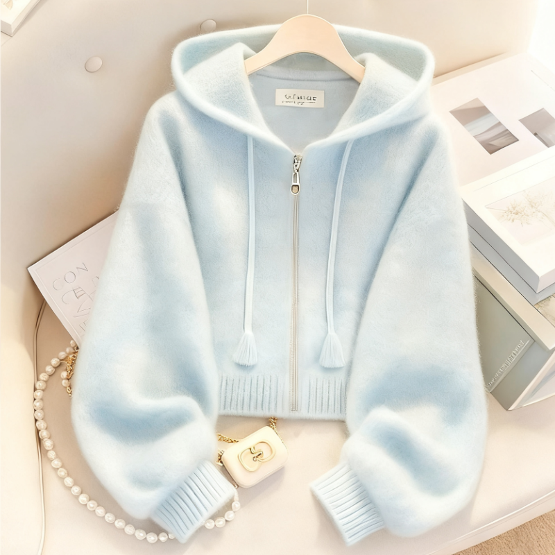 多巴胺慵懶風高級感連帽針織毛衣開衫-Cicimode