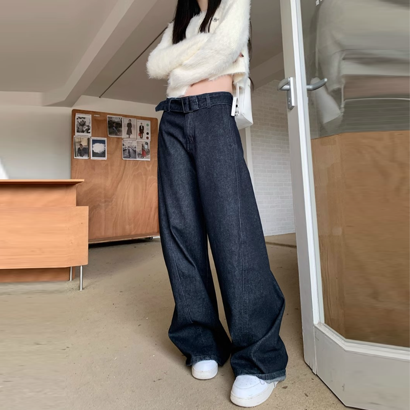 韓系 ‧ 復古腰帶設計感寬腿牛仔褲