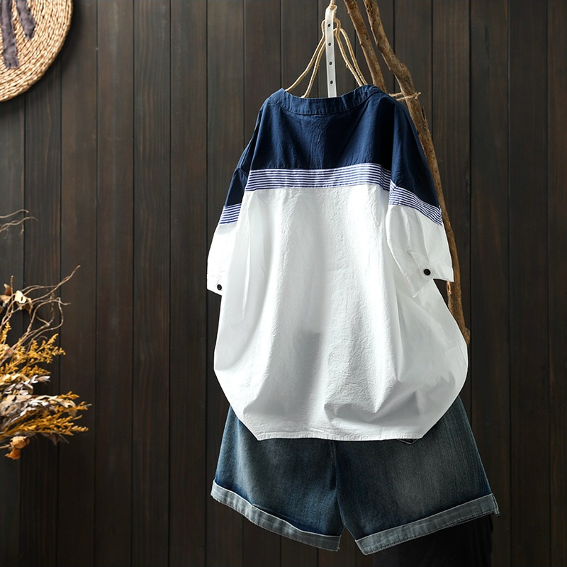 溫柔好感 撞色 拼接 立領 條紋 設計感 寬鬆 休閒 氣質 純棉 短袖 襯衫