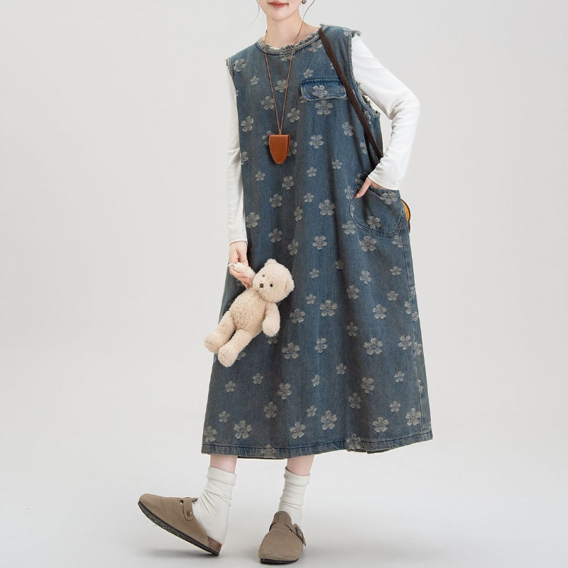 藍色丹寧碎花長版洋裝 韓系高質感 無袖背釦設計