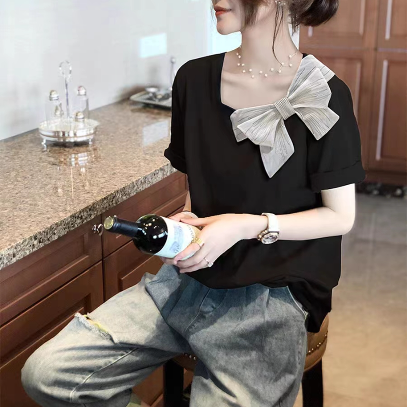 M-4XL蝴蝶結黑色短袖小方領T恤女設計感小眾氣質減齡上衣