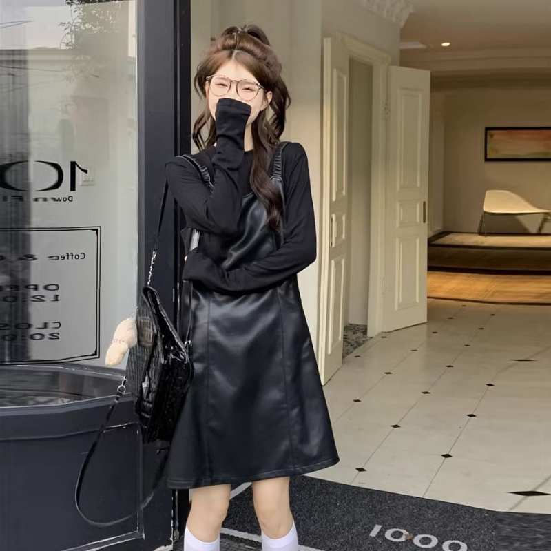 【整套】韓版秋季氣質皮質細肩短洋+高級感顯瘦薄上衣套裝*2色