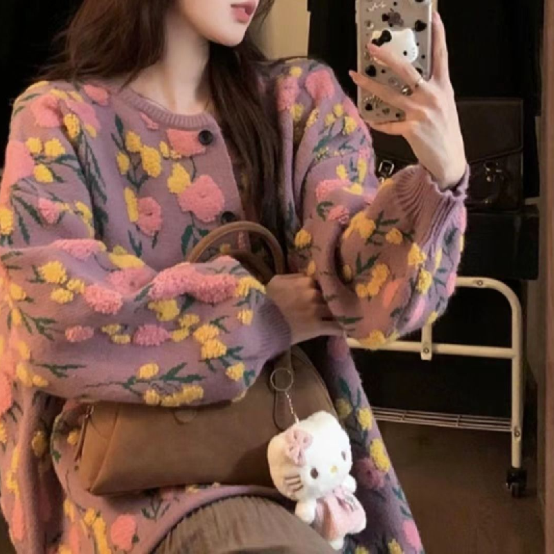 簡約 ‧ 甜美立體花朵針織外套秋冬復古提花