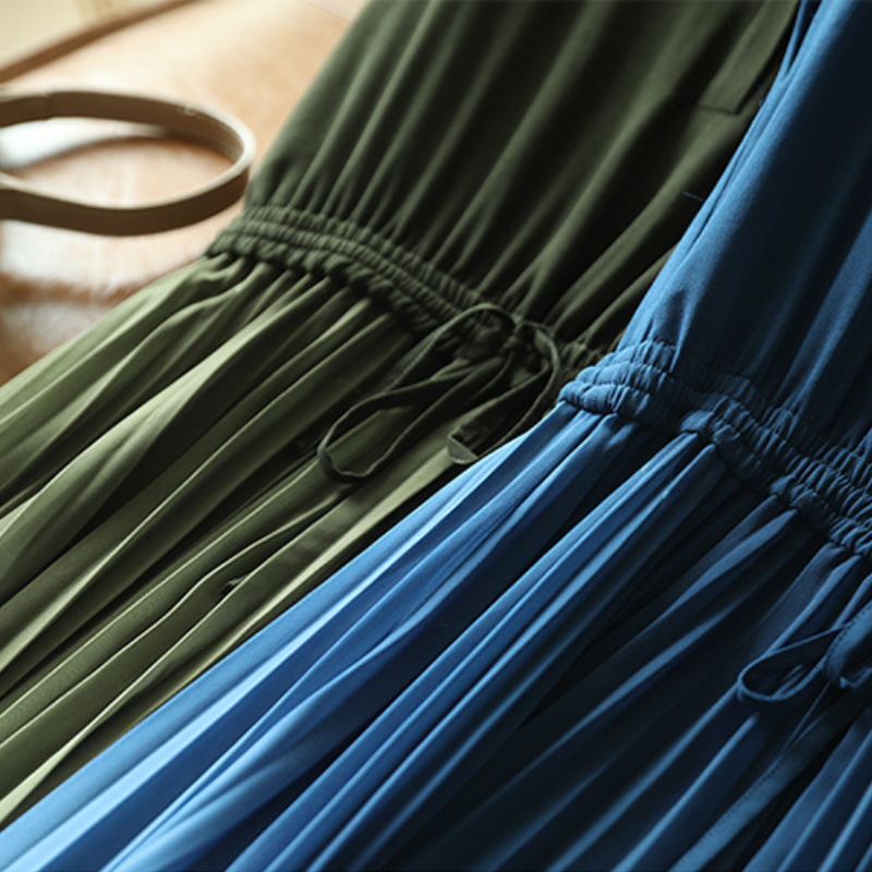 仙氣百褶連身裙洋裝 漸變色立領收腰設計感 百褶雪紡連身裙