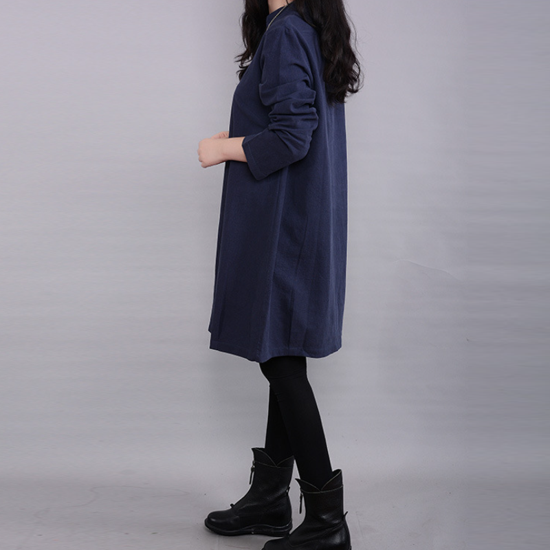 秋季韓版休閒立領寬鬆顯瘦長袖連身裙 大尺碼洋裝