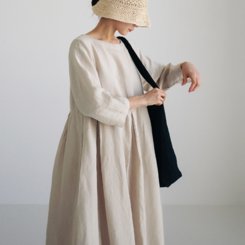 日韓版純色棉麻圓領寬鬆洋裝 寬鬆大碼韓版棉麻風純色過膝長裙大擺裙