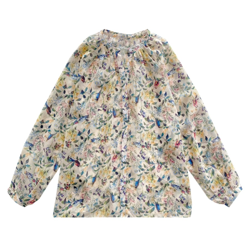 嘖嘖長袖罩衫 寬鬆碎花燈籠袖 薄紗防曬長袖