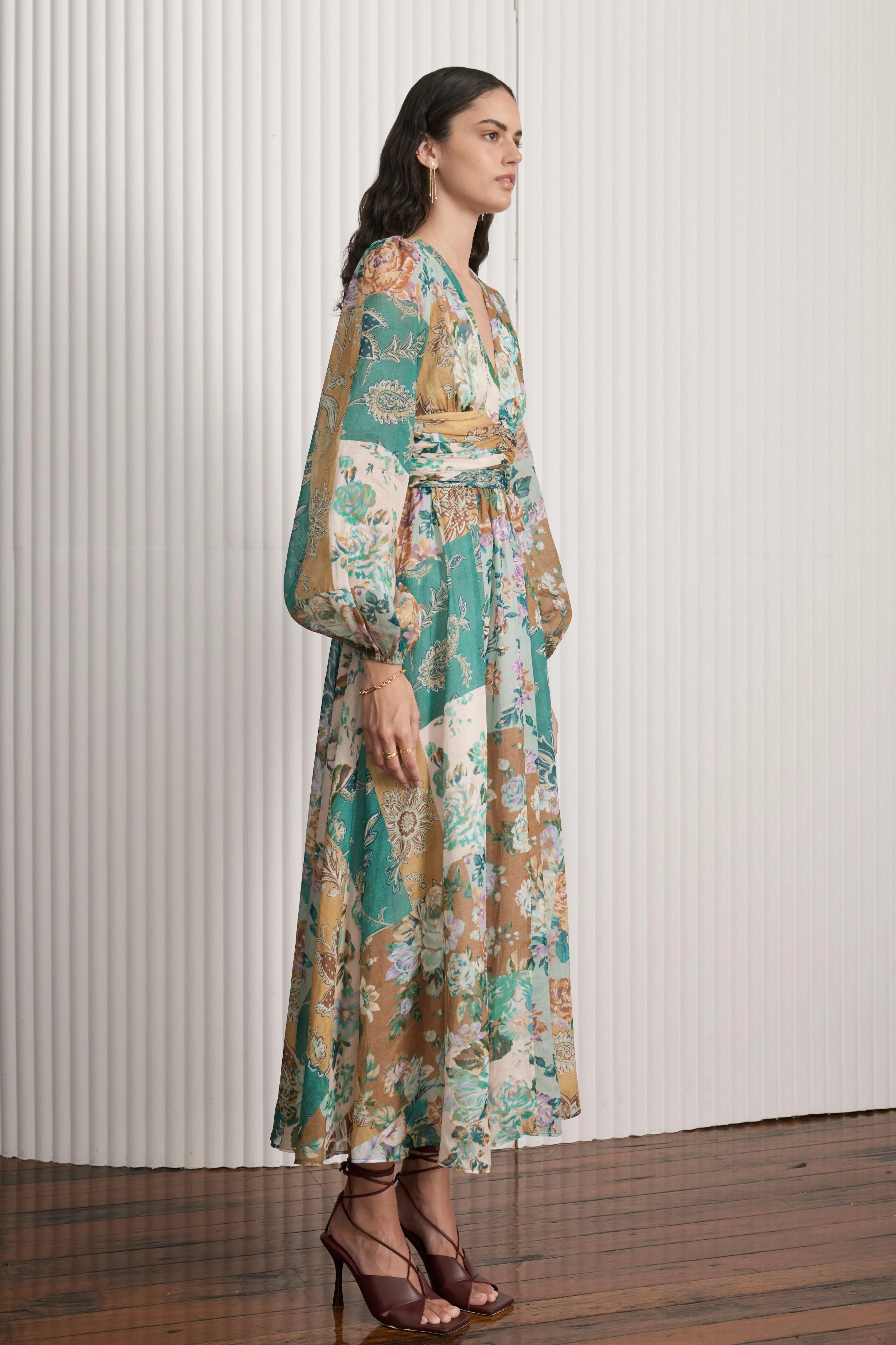 Printed Long Sleeve V-Neck Midi Dress