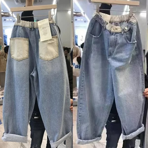 大尺碼高腰牛仔褲 寬鬆錐形（哈倫版） 直筒感 顯瘦 拼接口袋