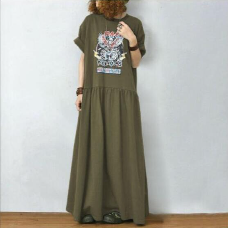 簡約．長版日式前後印花連身裙 短袖長裙