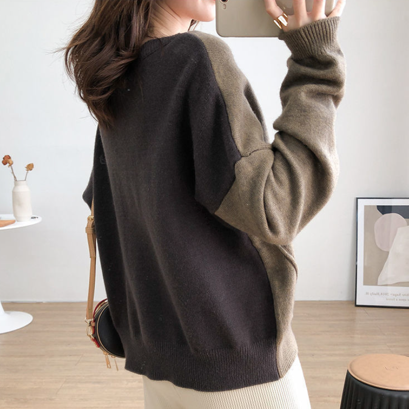 韓版不規則針織上衣 寬鬆顯瘦慵懶風撞色長袖