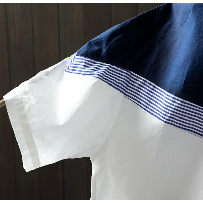 溫柔好感 撞色 拼接 立領 條紋 設計感 寬鬆 休閒 氣質 純棉 短袖 襯衫