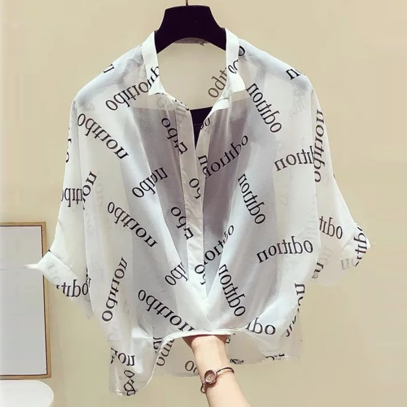 韓系格紋豹紋罩衫兩件組 冷氣房抗凍雪紡蝙蝠袖+防走光背心