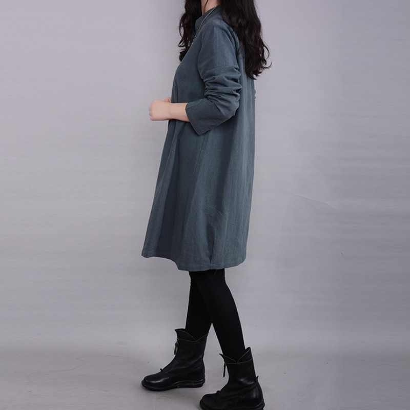 秋季韓版休閒立領寬鬆顯瘦長袖連身裙 大尺碼洋裝