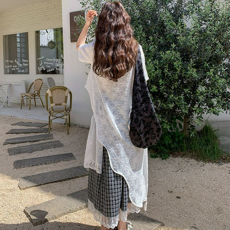 【單件/套裝】高級設計感蕾絲衫+黑白格半身裙兩件套