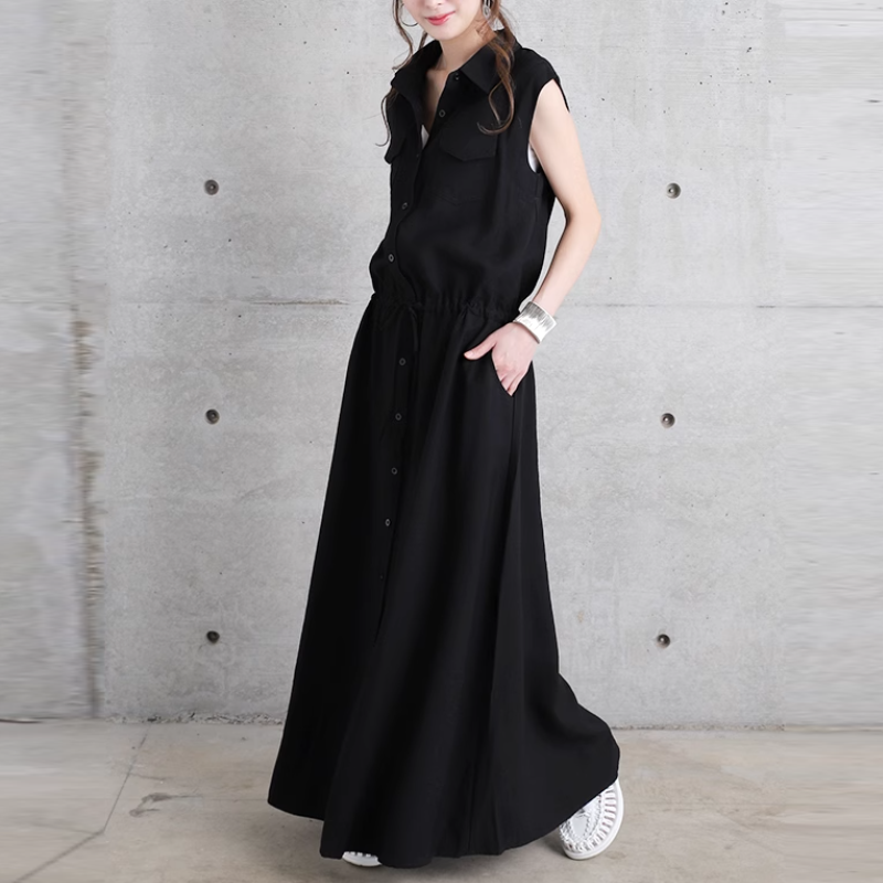 日系翻領無袖連身裙-口袋設計 輕鬆顯瘦中長款