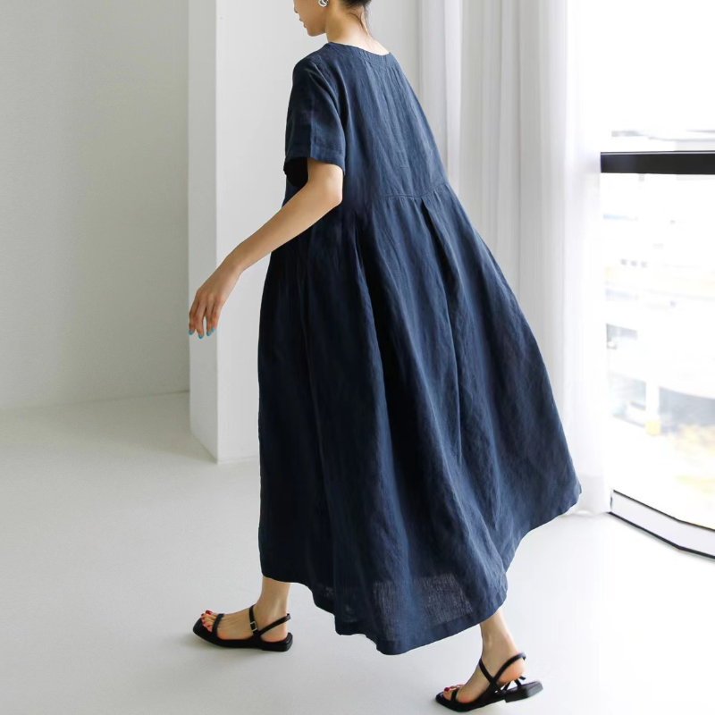 日韓版純色棉麻圓領寬鬆洋裝 寬鬆大碼韓版棉麻風純色過膝長裙大擺裙